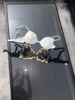 White Molded Cup Bra and Black Gold Embroidered Bra - Women Intimates